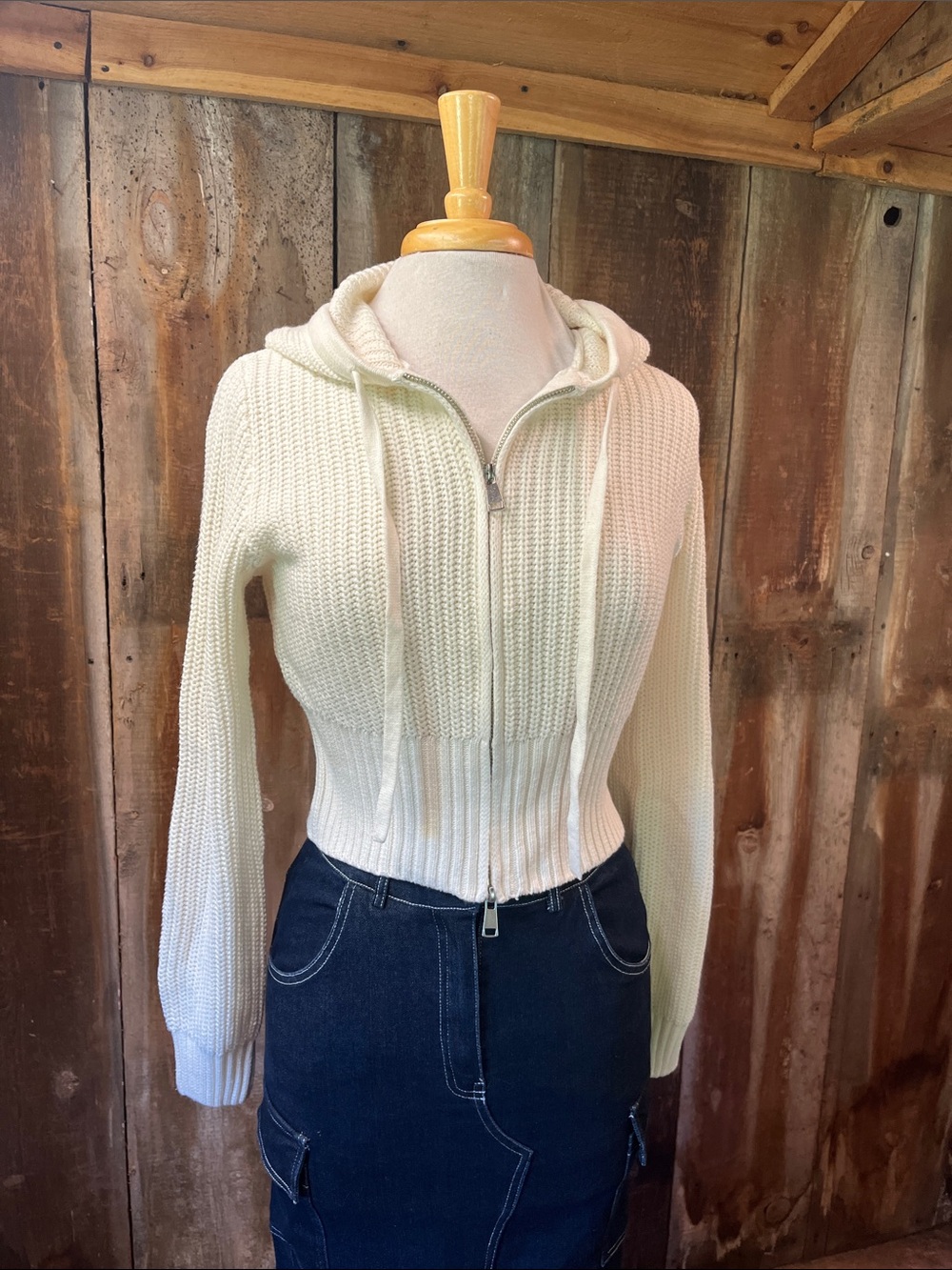 Pink Rose Off White Cropped Double Zip-Up Hoodie Sweater Small